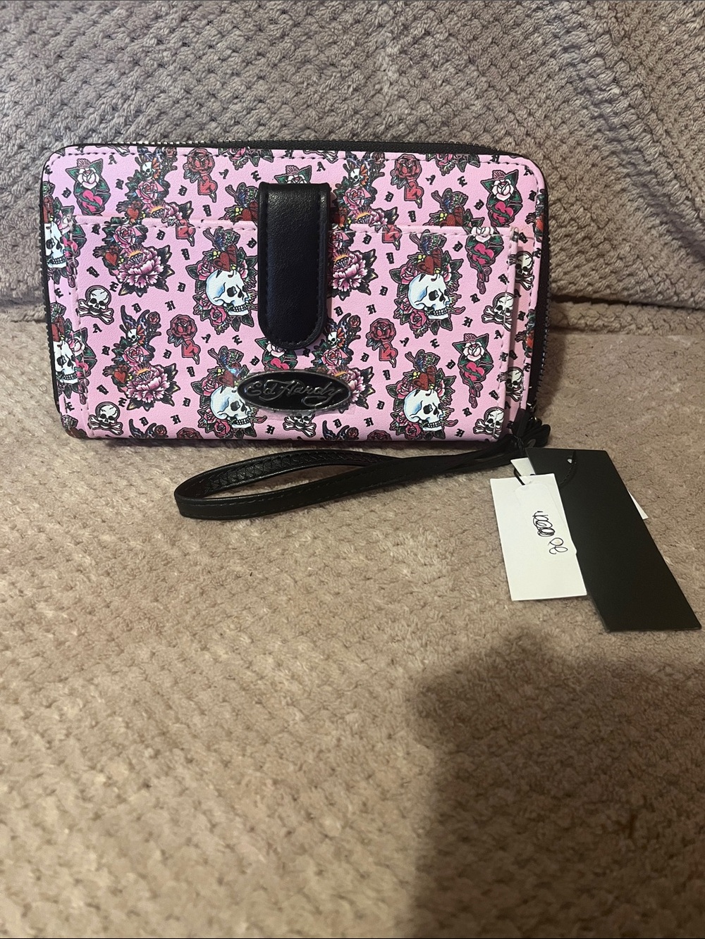 Ed Hardy Pink Skull & Rose Wristlet Wallet with Black Trim New With Tags